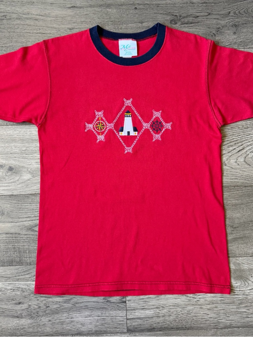 Vintage 90s Nautical Lighthouse Embroidered Ringer Tee - Size Medium - Picture 1 of 6